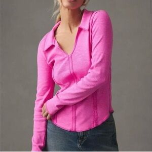 Pilcro Top Womens Large Hot Pink Stitched V Neck Ribbed Anthropologie Comfy